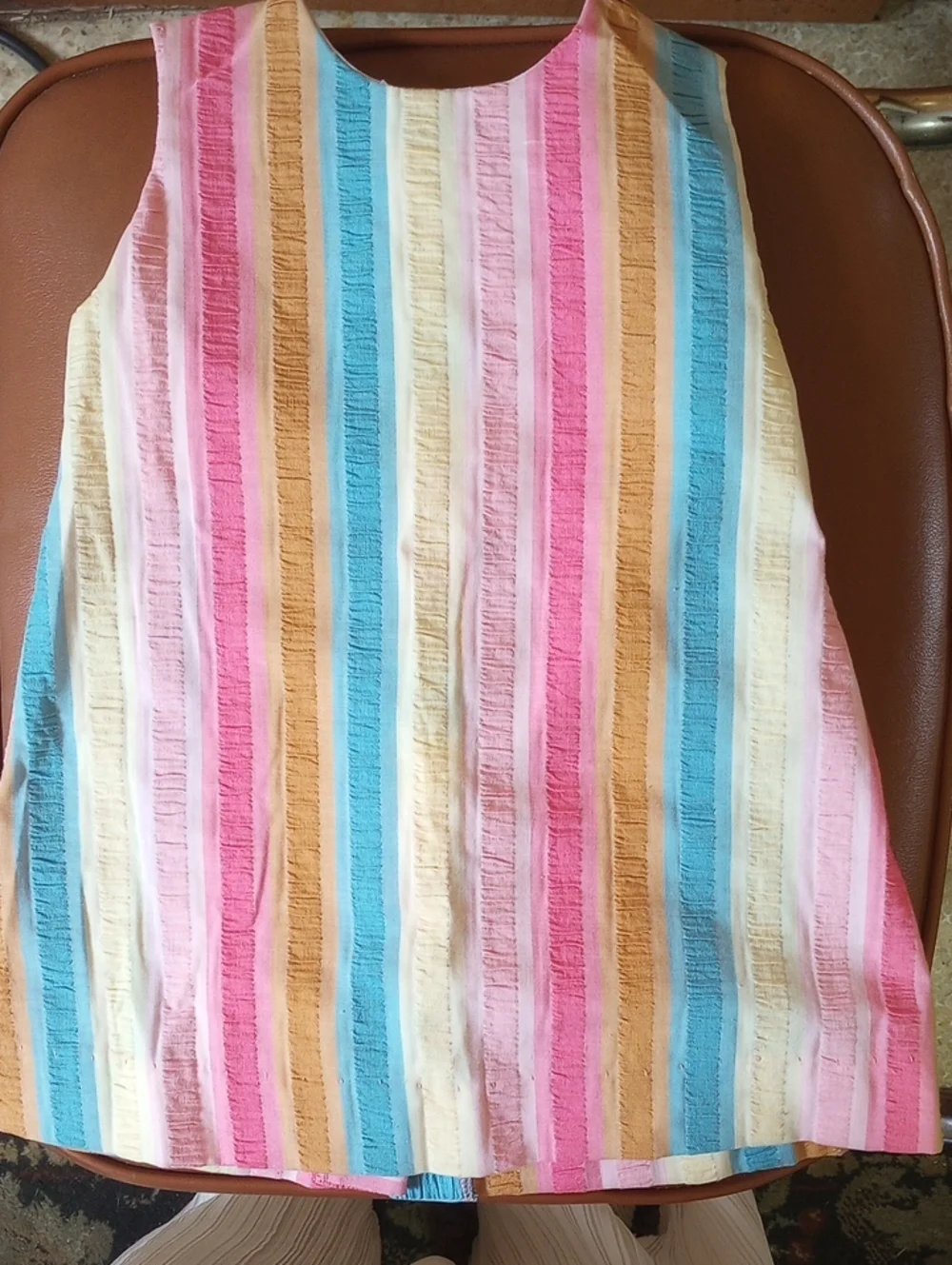 Buster Brown Colorful Vintage Seersucker Striped Dress. Pink Yellow Blue Brown